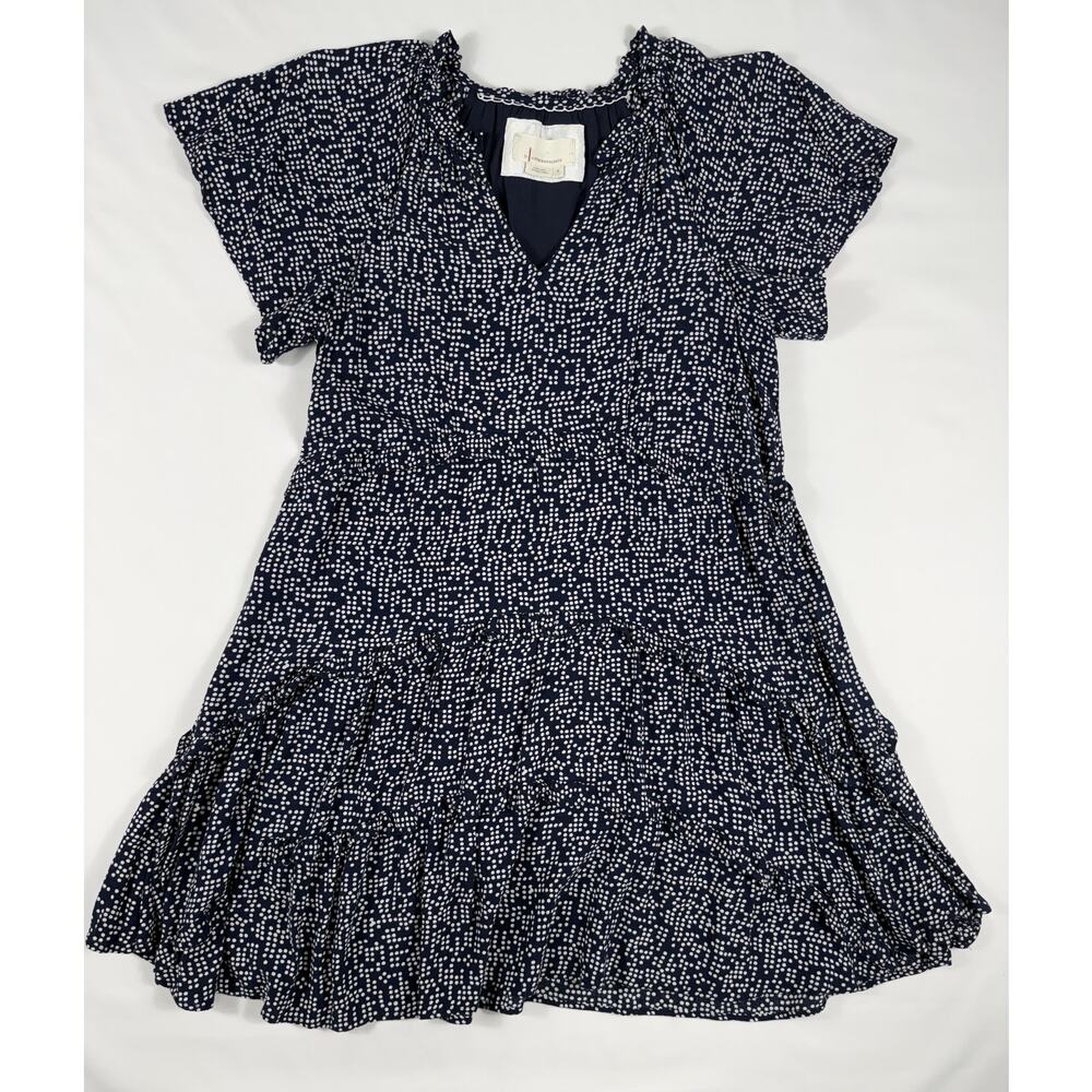 Anthropologie Robin Tiered Mini Dress navy and white polka dot print Sz S